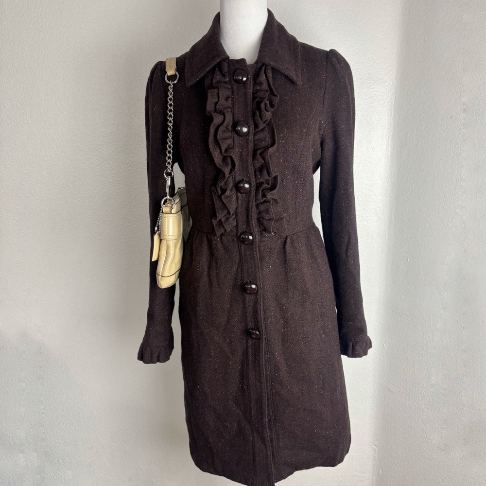 Forever Classic Brown Ruffle Front Wool Blend Coat Size M